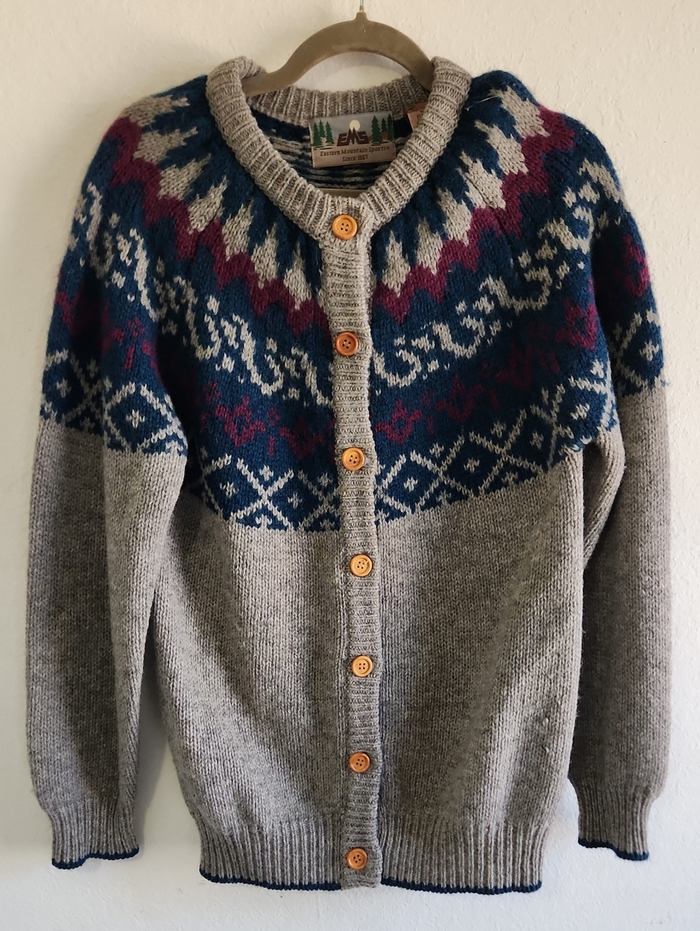 ​Vintage EMS 100% Wool Fair Isle Cardigan Sweater M Nordic Yoke Cabincore